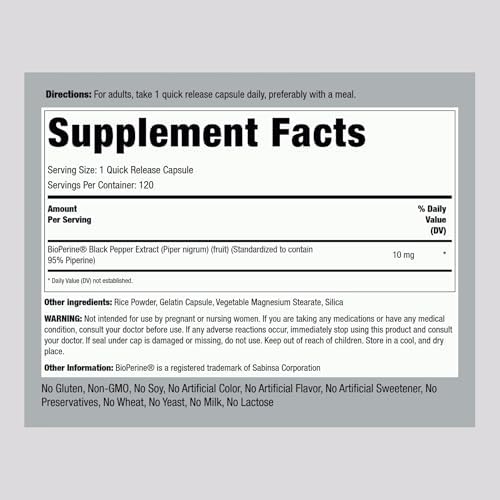 Piping Rock Bioperine Supplement 10mg | 120 Capsules | Black Pepper Extract | 95% Piperine | Gluten Free, Non-GMO