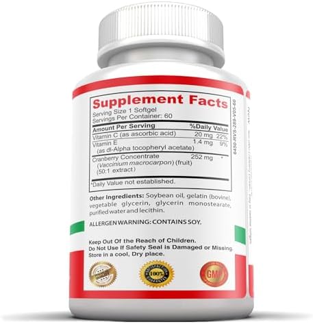 Cranberry Concentrate 252mg Per Softgel | 50:1 Extract | 60 Easy to Swallow Softgels for Men & Women, 1 Bottle