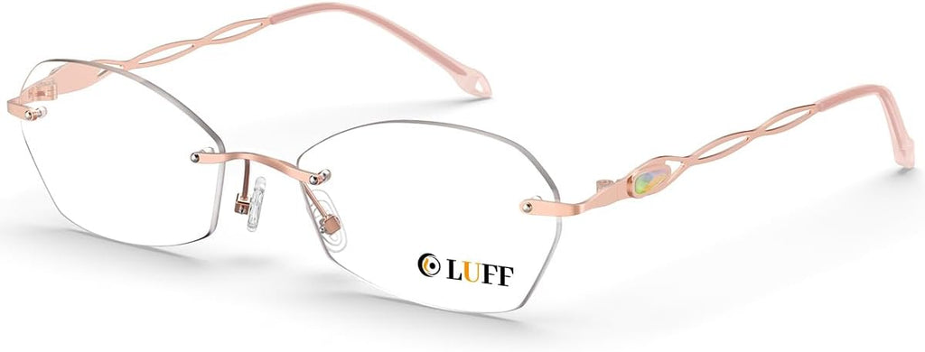 LUFF Rimless Reading Glasses for Women | Blue Light Computer Readers | Lightweight 16g Metal Frame | Eye Strain Relief