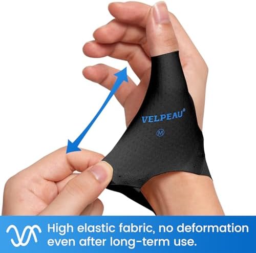 Velpeau Elastic Thumb Support Brace Liner (Pack of 2), Splashproof Thumb Wrist Compression Sleeve for Arthritis Pain, Tendonitis, Sprains, Sports, Fits Left & Right Hands (Black, Short Version, M)