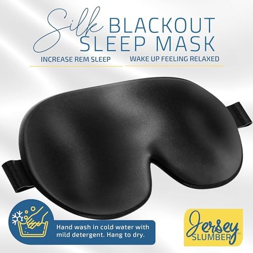 Jersey Slumber 100% Silk Sleep Mask for Women Men Side Sleeper - Light Blocking Eye Mask for Sleeping, Zero Pressure Soft Blindfold, Adjustable Strap, Silk Eye Cover for Travel Nap - Black