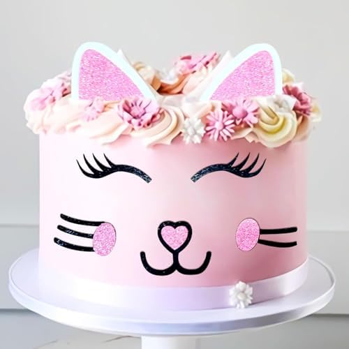 JeVenis Cat Cake Topper Cat Ears Eyelashes Cake Set Cake Decorations for Cat Themed Birthday Party Cute Meow Birthday Party Boy Girl Baby Shower Party Decoration