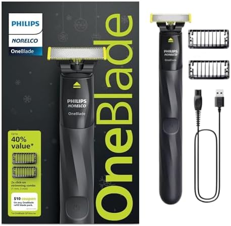 Philips OneBlade Trimmer & Shaver, Trim & Shave Any Length with Extra Skin Protection, Dual-Sided Blade, Waterproof Body Electric Razor, USB Charging, 2 Stubble Combs Included