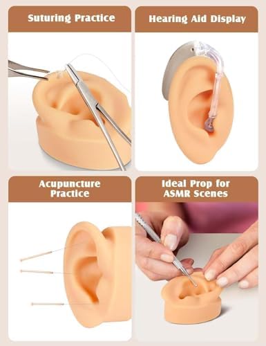2 Pcs Soft Silicone Ear Model, Left and Right Flexible Fake Ear for Earrings Display, Realistic Ear Model for Piercing Practice, Acupuncture Teaching Tool (Medium Skin Tone)