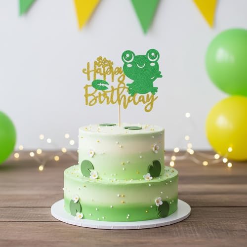 Happy Birthday Frog Cake Topper - Gold & Green Glitter Animal Theme Cake Decorations - Ribbit Birthday Party Cake Toppers for Kids