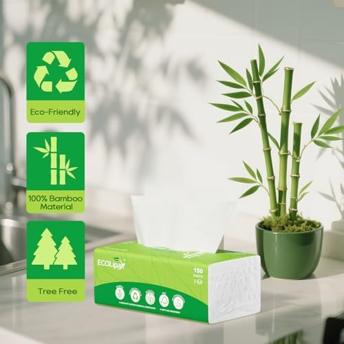 ECOLipak Bamboo Facial Tissues, Soft Pack 12 Packs, 1800 Sheets Total – 3-Ply Ultra Soft & Strong, Hypoallergenic, Travel Size for Car, Home, Office