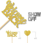 MonMon & Craft 24 Pcs Gold Glitter Welcome Back Cupcake Toppers - Housewarming, Retirement Party Decorations