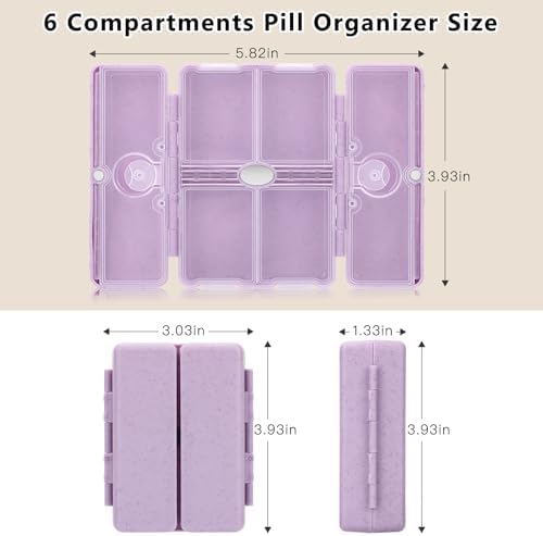 FYY Travel Pill Organizer with Blank Lables,6 Compartments Magnetic Pill Organizer Pill Box for Purse Pocket to Hold Vitamins,Cod Liver Oil,Supplements and Medication-Purple