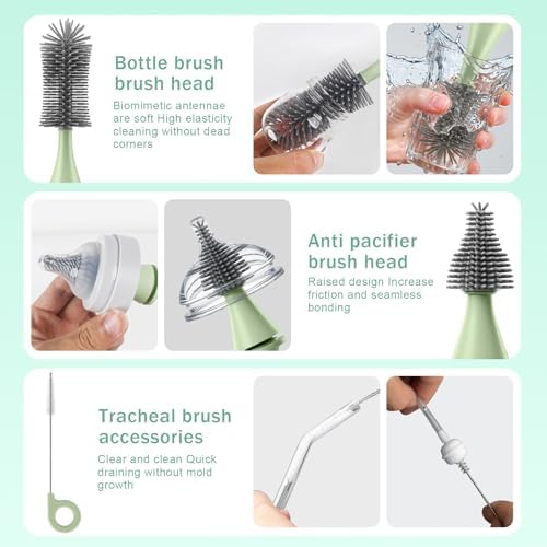 Electric Bottle Brush Cleaner Set, USB Rechargeable 360° Spin Baby Bottle Cleaner with 2 Brush Heads & Straw Brush, Waterproof, High/Low Speed, Portable Travel Cleaning Kit, Green