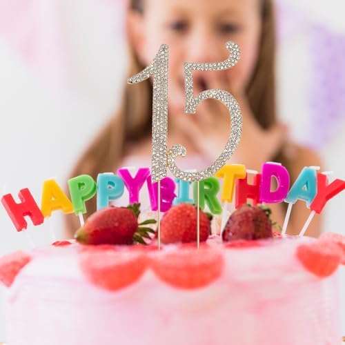 KALIONE 15 Cake Topper, Number 15 Birthday Cake Topper, Crystal Happy 15th Birthday Cake Topper, Rhinestones 15th Cake Topper Decoration for Birthday Party and Anniversary Decoration, Gold