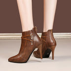 Women's Leather Fall Winter Fashion Stiletto High Heel Ankle Boots Sexy Pointed Toe Comfortable Back Zipper High Heel Dress Short Booties for Daily Office Work Party