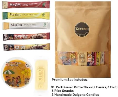 Korean Instant Coffee Packets Mix - 30 Sticks Variety Pack with Dalgona Candy & Rice Snacks | 5 Flavors Gift Set (Maxim Original, Mocha Gold)