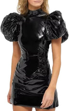 Club Party Wet Look Women PVC Leather Big Puff Short Sleeve Dresses Slim Dress Evening Dresses