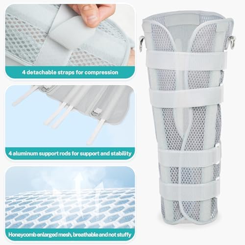 Knee Immobilizer Brace for Men Women, Adjustable Leg Splint with 4 Rigid Aluminum Splints for Post-Surgery Recovery, Breathable Knee Support for Injury with Free Walking Assistance Strapr (gray,M)