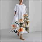 domirica Cotton Linen Dress Floral Print Casual Loose Short Sleeve Crew Neck Maxi Ladies Flowy Summer Long Dresses