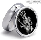 Metal Round Pill Box 3 Compartment, Cute Portable Travel Pill Organizer Small Abstract X-ray Skull Skeleton Playing Guitar Pill Case for Pocket Purse Pill Container Medicine Organizer Box Daily Vitami