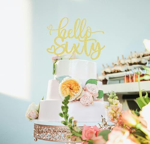 Hello Sixty Cake Topper - Gold Glitter 60th Birthday Cake Decorating Supplies for Women, Hello 60 Cake Decor for 60th Birthday/Anniversary Party Photo Booth Props