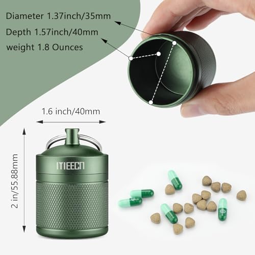 Keychain Pill Holder, Box, Aluminum, Waterproof Container, Pill Organizer for Outdoor Travel Camping，Size: 1.6 x 1.6 x 2 in (Green)