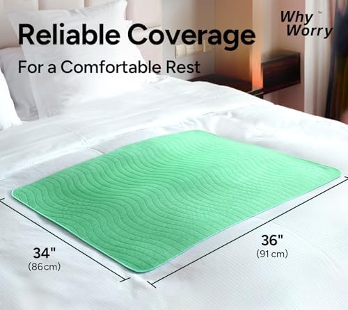 WhyWorry Washable Bed Pads for Adult Incontinence, 34" x 36" (Pack of 2) Washable Pee Pads for Bed Wetting, Heavy Absorbency Reusable Underpads for Elderly & Kids, Waterproof Mattress Protector, Green
