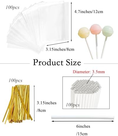 300Pcs Cake Pop Sticks and Wrappers, 6-inch 3.5mm Thick Paper Lollipop Sticks, CHELIZIYA Cakepop Packing Kit for Candy, Chocolate with 100 Sticks, 100 Traet Bags, 100 Twist Ties (Gold Ties)