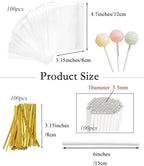 300Pcs Cake Pop Sticks and Wrappers, 6-inch 3.5mm Thick Paper Lollipop Sticks, CHELIZIYA Cakepop Packing Kit for Candy, Chocolate with 100 Sticks, 100 Traet Bags, 100 Twist Ties (Gold Ties)