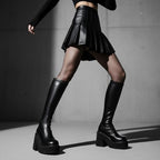 Women Elastic Round Toe Motorcycle Combat Punk Boots Knee High Platform Chunky Block High Heel Sock Boots