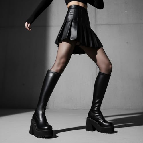 Women Elastic Round Toe Motorcycle Combat Punk Boots Knee High Platform Chunky Block High Heel Sock Boots