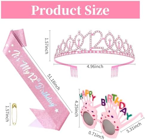 YARIEW 12th Birthday Decorations, 12th Glitter Sash and Crown Kit with Happy Birthday Sunglasses, Tiara Princess Crown and Sash Party Outfit Accessory