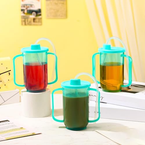 Sliner 3 Pcs Adult Sippy Cups With Long Straw For Elderly, 12 Oz Adaptive Spill Proof Cups With 2 Handles And Straw Lid For Adults Liquid Feeding Disabled Hospital Patients Convalescent