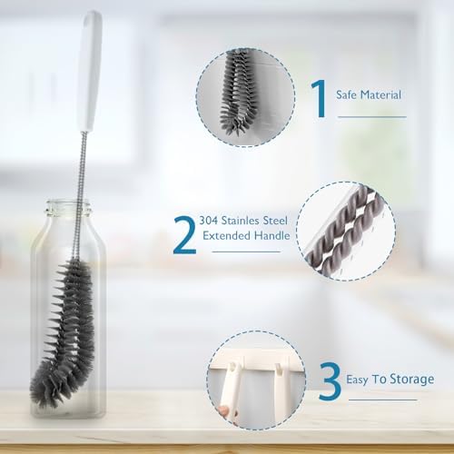 16 inches Long Handle Black Bottle Cleaning Brushes - Perfect for Baby Bottles, Sports Bottles, Glassware, Mugs, Jars, and Stemware (1-pc)