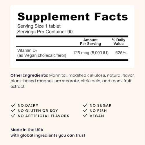 EZ Melts Dissolvable Vitamin D3 5,000 IU - Vegan Vitamin D Supplement for Bone & Teeth Support - No Artificial Flavors - Plant-Based & Non-GMO - Green Apple - 90 Dissolvable Tablets (90 Servings)
