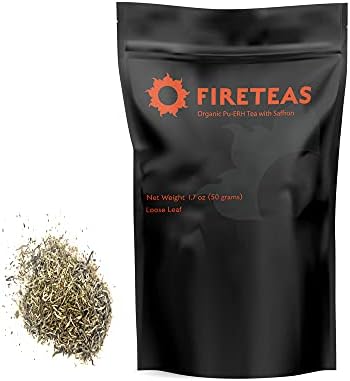 FIRE TEAS Pu-ERH Loose Leaf Saffron Tea - Aged, Smooth & Elegant Taste - Caffeinated - White buds from old Yunnan Pu'erh Trees -