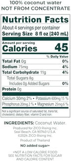 Zico 100% Coconut Water, No added Sugar, Refreshingly Delicious, Hydration with Electrolytes, 33.8 Fl Oz (Pack of 4)