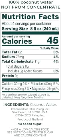 Zico 100% Coconut Water, No added Sugar, Refreshingly Delicious, Hydration with Electrolytes, 33.8 Fl Oz (Pack of 4)