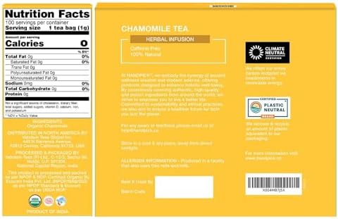HANDPICK, Organic Chamomile Tea Bags (100 Herbal Tea Bags) Caffeine Free| Premium Floral Chamomile Herbal Tea in Eco-Conscious Teabags | Direct from Source