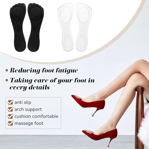 2 Pair Gel Cushion Insoles, 3/4 Gel Cushion Insoles for Women, Non-Skidding Shoe Insoles for High Heels Sandals Flats Boots (Clear, Black)