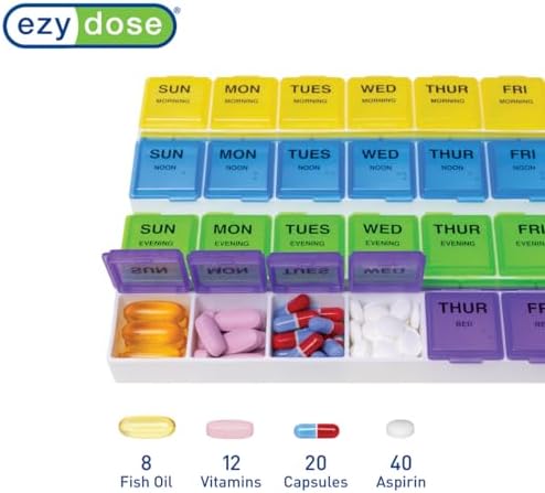EZY DOSE Weekly (7-Day) Daily Medtime Pill Case, Medicine Planner, Vitamin Organizer, Supplement and Fish Oil Container, Large Compartments with Rounded Base, 4 Times a Day, Colored Lids, BPA Free