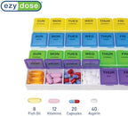 EZY DOSE Weekly (7-Day) Daily Medtime Pill Case, Medicine Planner, Vitamin Organizer, Supplement and Fish Oil Container, Large Compartments with Rounded Base, 4 Times a Day, Colored Lids, BPA Free