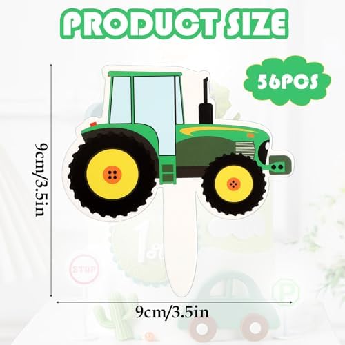 56Pcs Cake Toppers, Green Tractor Cupcake Toppers, Farm Tractor Cake Toppers, Cupcake Picks for Birthday Party Construction Party Supplies Cupcake Toppers
