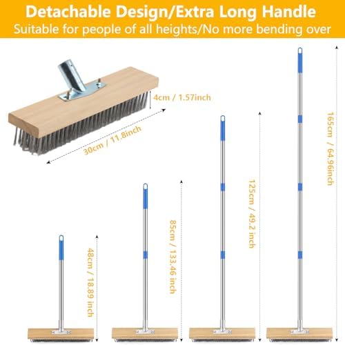 Stainless Steel Deck Brushes for Scrubbing Heavy Duty, 65" Deck Scrub Brush with Long Handle - Concrete Scrub Brush Stiff Metal Bristle Concrete Brush for Cleaning Moss Patio Garage Garden Pool Floor