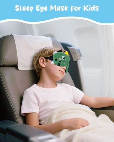 Sleep Mask for Kids - Cute Cartoon Plush Fuffy Sleeping Eye Cover Green Dinosaur Kawaii Soft Eyeshade with Adjustable Strap Animal Eye Blindfold for Kids Girls Boys Teens