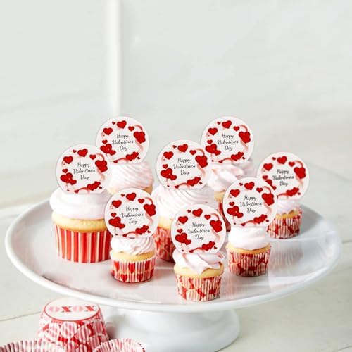 Ercadio 40 Pack Edible Happy Valentine’s Day Cupcake Toppers Edible Red Heart Cupcake Drink Picks for Valentine's Theme Party Cake Decoration Supplies
