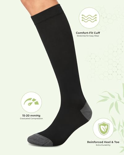 Compression Socks for Women 15-20 mmHg, Viscose from Bamboo, 3-Pair Knee High for Travel, Work & All-Day Comfort