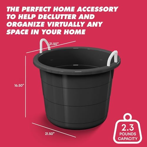 Life Story Large 17 Gallon Flexible Plastic Storage Bucket Container with Easy Grip Rope Handles for Indoor and Outdoor Storage, Black, 8 Pack
