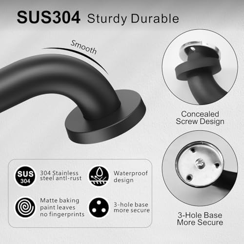 12" Stair Handrail, Wall-Mounted Safety Grab Bar for Indoor & Outdoor Steps, Rustic Pipe Design, Black (2 Pack)