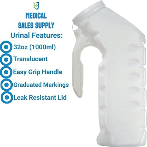 Male Urinal Splash Proof Lid - 32oz/1000ml - Pack of 6 - Portable Pee Bottles for Men, Portable Urinal for Car, Elderly & Incontinence