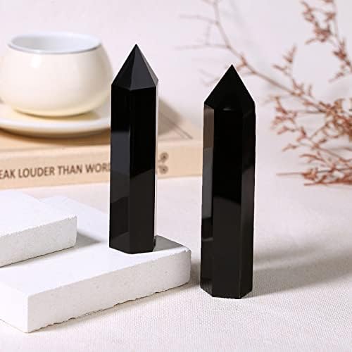 ZHIYUXI 3.7-4" Obsidian Crystals Wand Black Healing Crystals Tower Hexagonal Pointed 1 Pc Stone Large Crystals Reiki Energy Balancing Meditation Therapy Gemstones Decoration Gifts