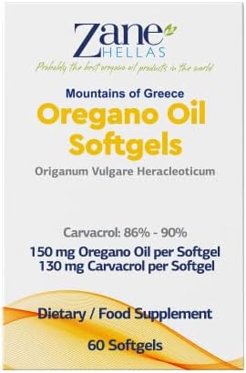 Zane Hellas 130 mg Carvacrol - 150 mg Oregano Oil per Softgel. World Highest Concentration Oregano Oil Capsule. Softgel Contains 30% Greek Essential Oil of Oregano. 60 Softgels.