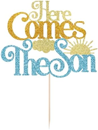 Glitter Here Comes The Son Baby Shower Cake Topper -First Birthday Cake Topper For Baby, Photo Booth Props,Sun Theme Party 1st Boy Birthday Party Decoration Supplies
