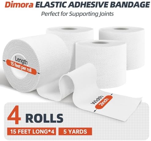Dimora 4-Pack Elastic Adhesive Bandage Tape - Durable Elastic Tape for Joints Support and First Aid Kit, No Sticky Residue, Strong Bandage Wraps for a Pained and Tender Joint